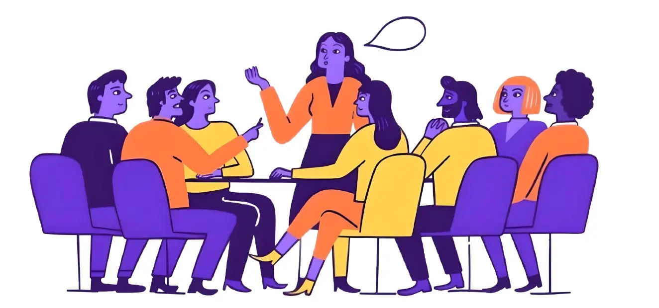 Illustration d'un atelier de formation interactive animé par Justine Dupuis. Groupe en discussion collaborative.